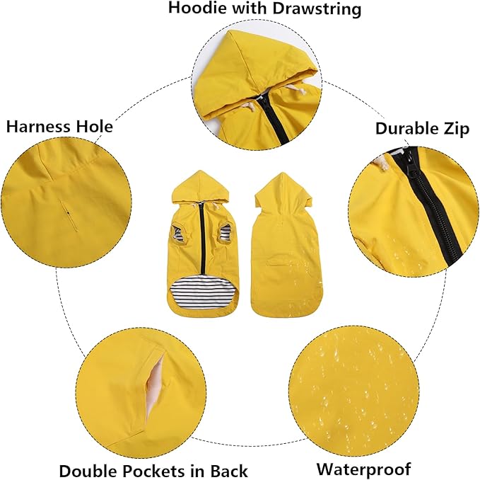 Dog Raincoat rain Jacket Dogs Waterproof fit for Small Medium Breeds Zipper Closure Pocket Storage in Cold Day - Yellow - S