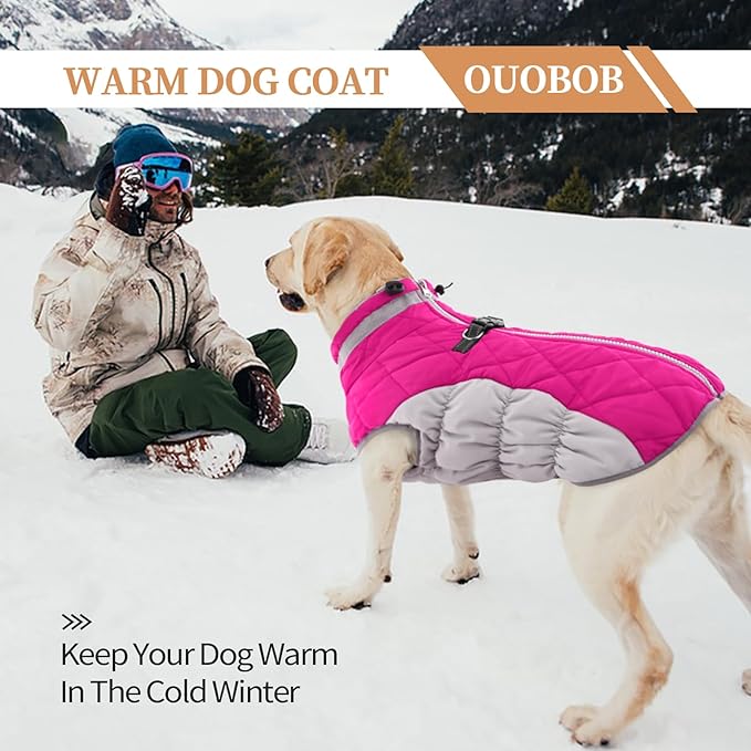 Winter Dog Coat,Large Dog Jacket,Waterproof Pet Jacket with Back Zipper,Pet Coat with Harness Built in,Warm Dogs Coat with Fleece Lined,Snow Jacket Clothes French Bulldog Shiba Inu,Rose Red,L
