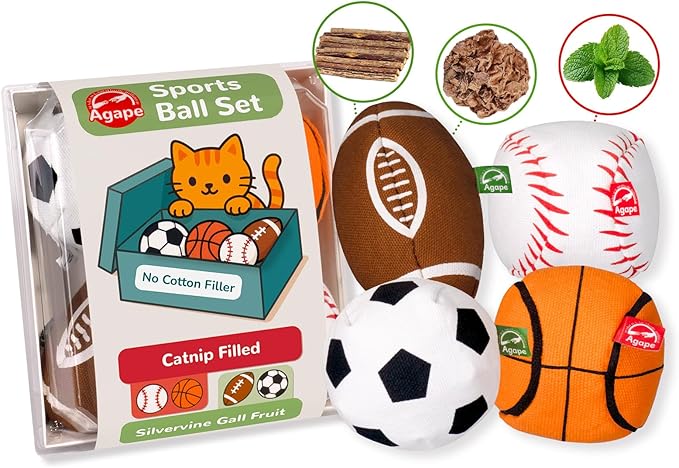 Agape Natural Cat Toys, 100% Catnip & Silvervine Filled, Interactive Chew and Kicker Balls for Indoor Cats, Enrichment and Teeth Cleaning Fun for Bored Cats and Kittens, 4 Pack Crinkle Cat Toys