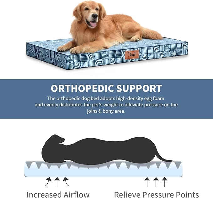 Outdoor Dog Bed for Medium Dogs, Waterproof Dog Crate Mat Orthopedic Egg Crate Foam Pet Bed with Washable Removable Oxford Cover, White Blue