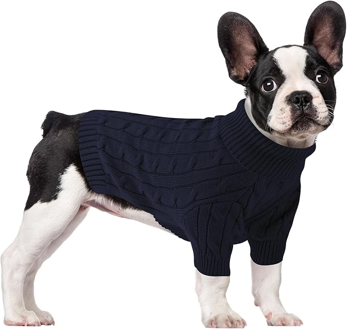 Small Dog Thermal Pullover Sweater, Classic Turtleneck Cable Knitwear Dog Clothes for Cold Weather Warm Pet Clothes for Chihuahua, Bulldog, Dachshund, Pug Navy Small