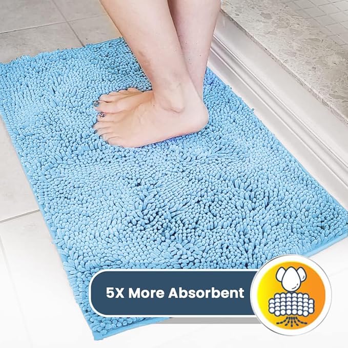 Muddy Mat® AS-SEEN-ON-TV Highly Absorbent Microfiber Door Mat and Pet Rug, Non Slip Thick Washable Area and Bath Mat Soft Chenille for Kitchen Bathroom Bedroom Indoor and Outdoor - Sky Blue 24" x 72"