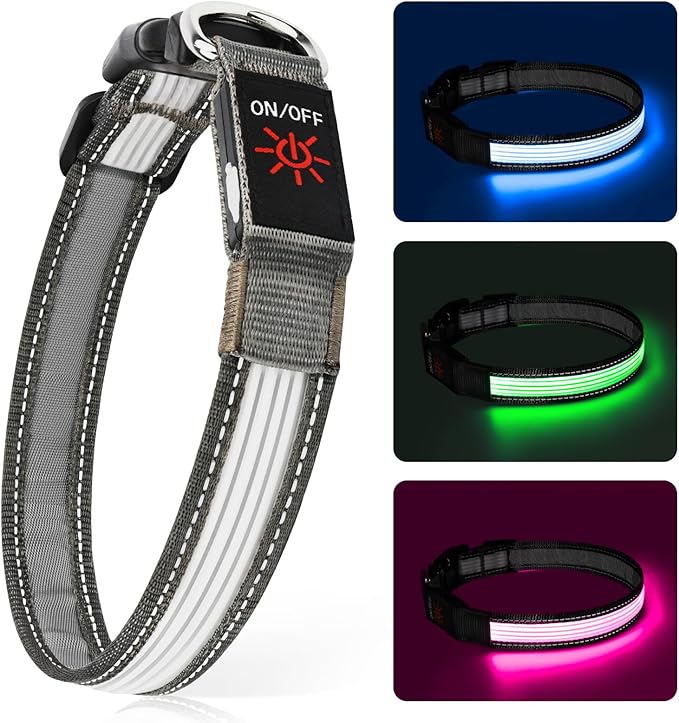 Multi-Color Light up Dog Collar, YFbrite USB Rechargeable LED Puppy Collar Super Bright Adjustable Glowing Dog Lights for Night Walking (Multi-Color, Medium)