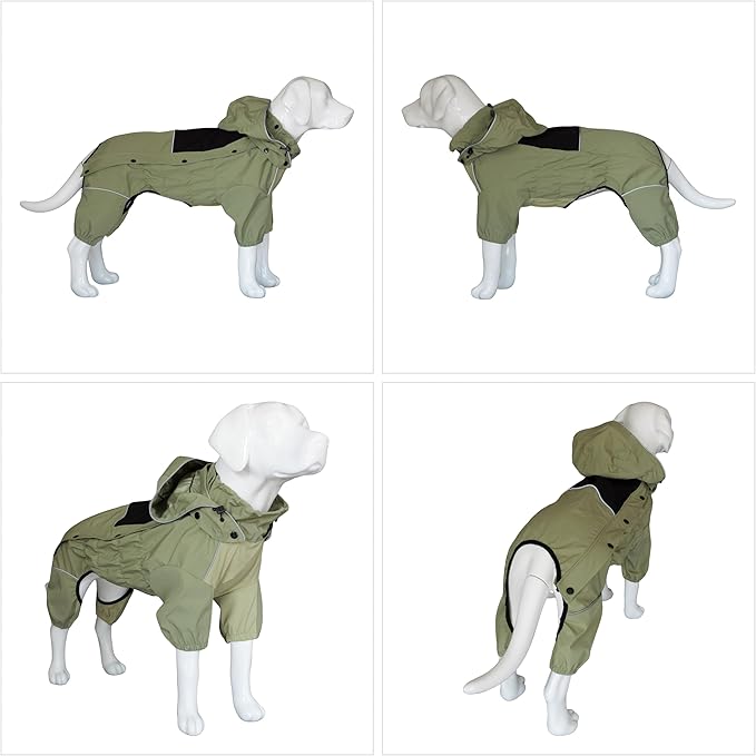 LOVELONGLONG Fleece-Lined Dog Raincoat with Removable Hood – Waterproof Winter Full Body Dog Jacket – Windproof Snowproof Cold-Weather Suit – Green-F M