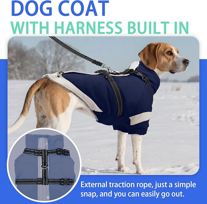 MIGOHI Dog Coat with Harness Built in, 2-in-1 Water-Resistant Dog Jacket, Reflective Snowsuit for Large Dogs, Fleece Lined with Turtleneck, Adjustable Buckle Coats, Border Collies, Navy Blue, XL