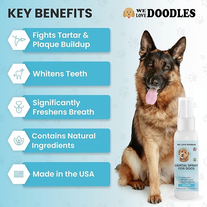 We Love Doodles Dog Dental Spray | Dental Solutions Plaque & Tartar Control Spray | Natural Oral Care Dog for Healthy Teeth & Gums, Freshens Breath Spray | 4oz