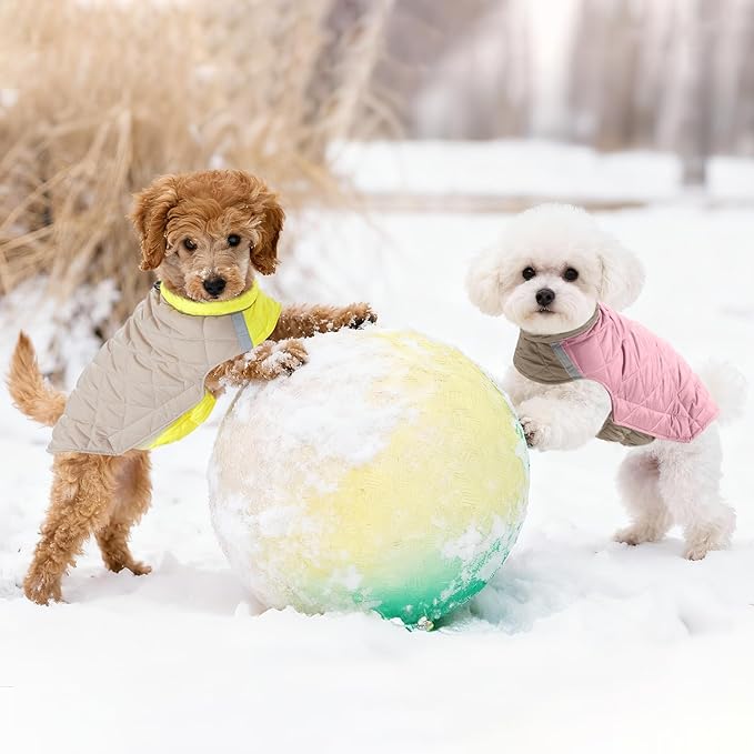 Quilted Dog Winter Coat, Plaid Lined Reversible Vest, Reflective Safety Strip, Cold Weather Pet Apparel Yellow XS