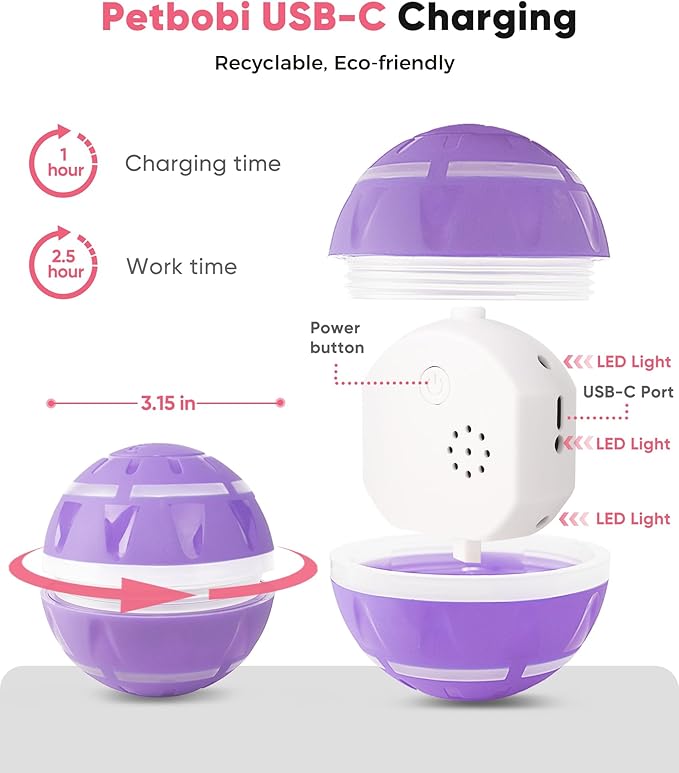 Petbobi Interactive Dog Toys – USB Rechargeable Automatic Rolling Ball with LED Light, Smart Bouncing Ball for Small Medium Pets to Exercise, Durable TPU Shell, Dog Toys to Keep Them Busy, Purple