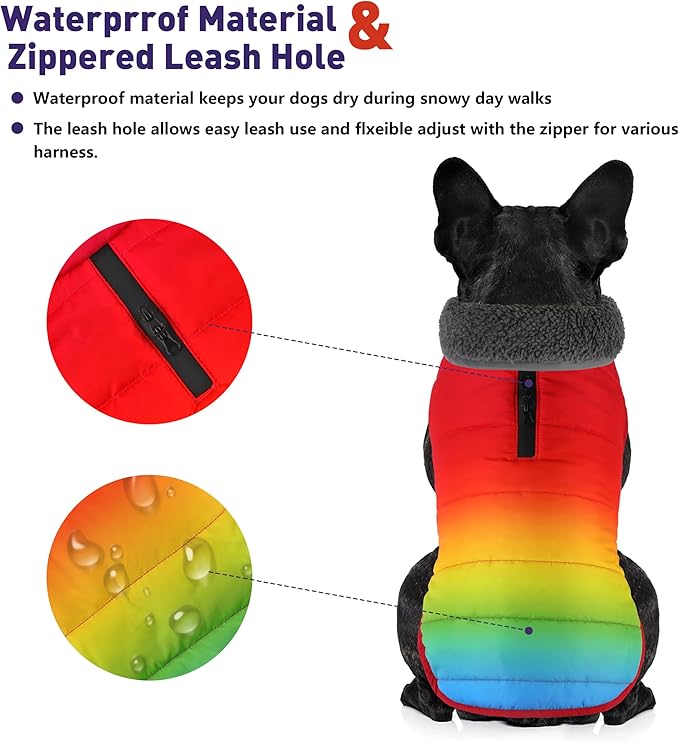 Dog Winter Coat, Waterproof Dog Jacket with Leash Hole, Reflective Adjustable Pet Snow Vest, Warm Fleece Sweater for Small Medium Large Dogs - Rainbow, S