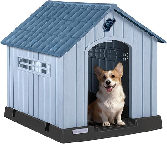 PUKAMI Large Dog House Outdoor Indoor, Plastic Dog House Weatherproof for Large Dogs, Study Puppy Shelter with Air Vents and Elevated Floor, Easy Clean and Assemble (Blue, 31.5"D x 33.5"W x 33.9"H)