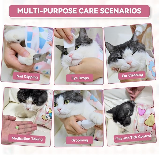 Cat Grooming Wrap for Cutting Nails, 27.6" Anti-Escape Calming Cat Swaddle Wrap for Medicine, Nail Clipping, Teeth Brushing, Ear Cleaning, Self-Adherent Burrito Restraint, (CatLand, L)