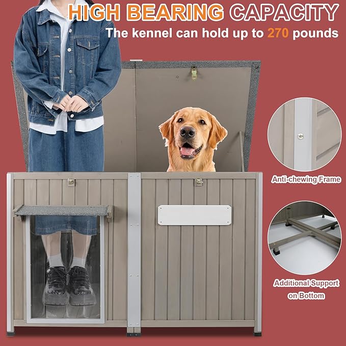 Outdoor Dog House Weatherproof, Wooden Puppy Shelter with Anti-Chewing Iron Frame and Elevated Floor, Sturdy Dog Kennel for Small, Medium & Large Dogs (Gray, 51" L x 29" W x 32" H)