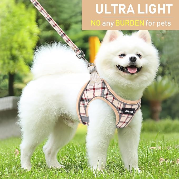 GAMUDA Small Dog Harness Collar and Leash Set, Step in No Chock No Pull Soft Mesh Adjustable Dog Vest Harnesses Plaid Reflective for Dogs Puppy Cats Kitten Rabbit (Beige, L)