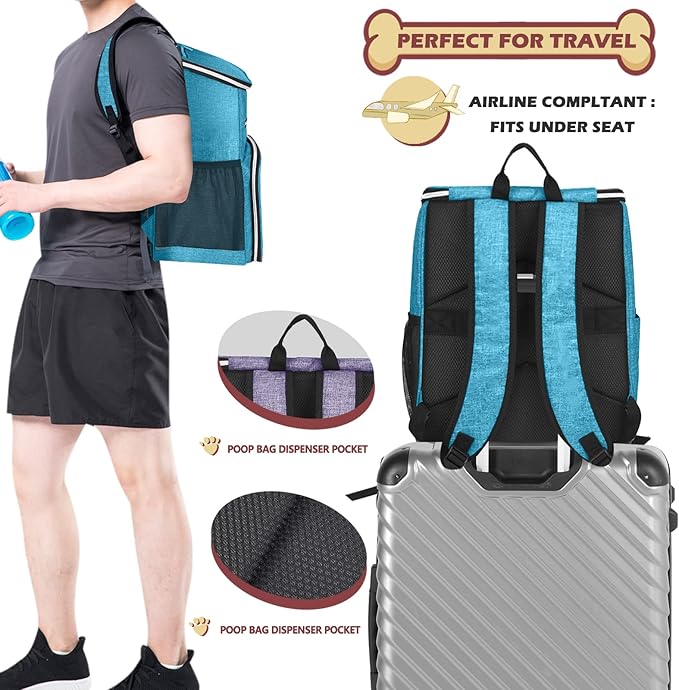 BAGLHER丨Dog Travel Bag Backpack, Airline Approved Pet Supplies Backpack, Dog Travel Bag with 2 Silicone Collapsible Bowls and 2 Food Baskets Sky Blue