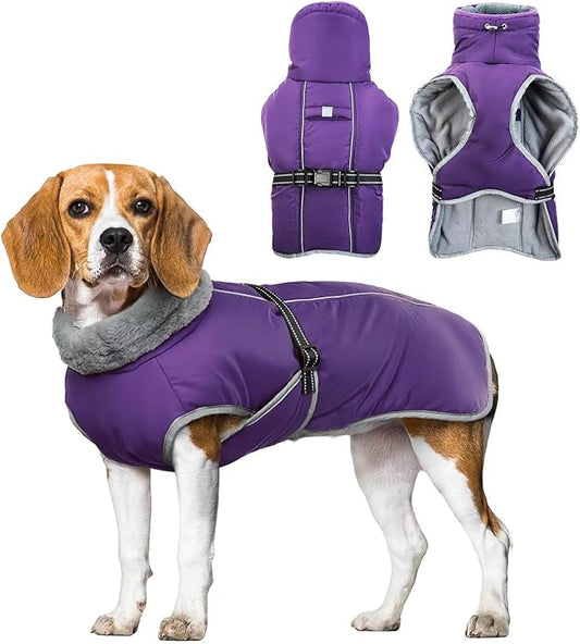 Dog Winter Jackets for Large Dogs,Size L Warm Pet Coat with Leash Hole,Waterproof Dogs Snowsuits Warm Pet Jacket Fleece Cold Weather Coats Reflective Puppy Vest,Dog Cold Weather Coats,Purple,L