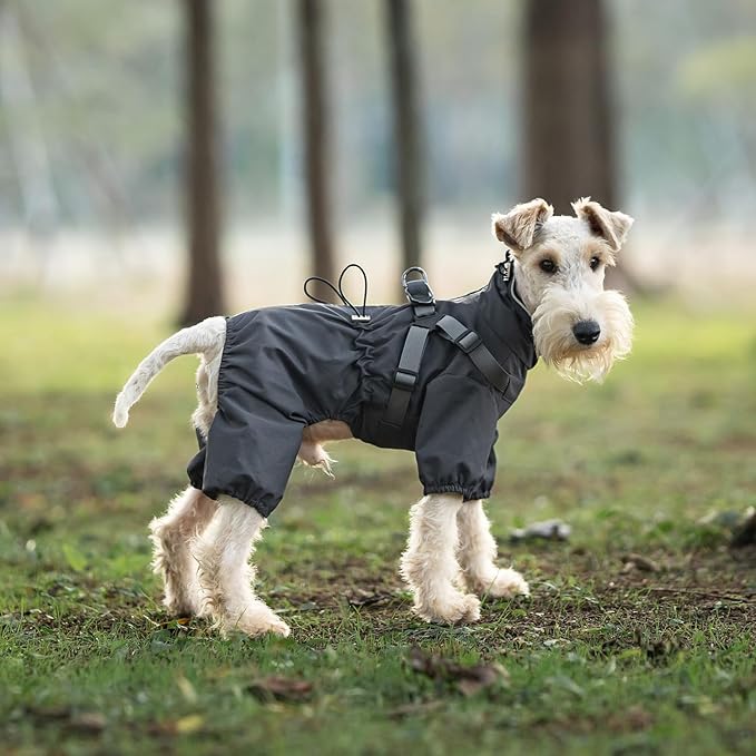 Mile High Life Waterproof Dog Raincoat, Full Coverage Small Dog Rain Coat with Harness, Adjustable 4 Legs Puppy Rain Jacket with Reflective Strip and Elastic Cuffs (Gray, L Back Length 16.1")