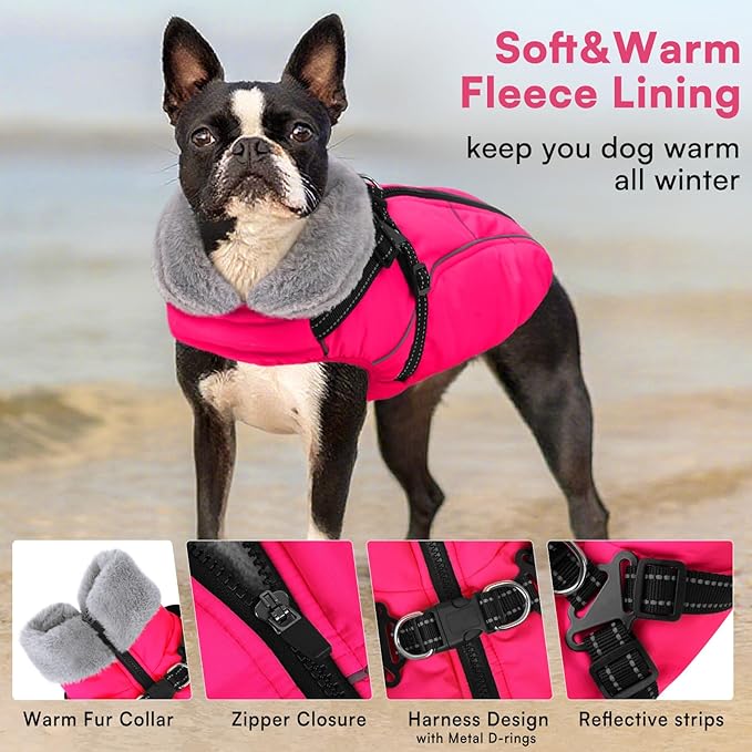 Queenmore Dog Jackets for Large Dogs,Dog Coat with Harness Built in,Waterproof Dogs Coats with Zipper On Back,Warm Fleece Lining Cold Weather Pet Coats with Furry Collar for Labrador,Rosered,XL
