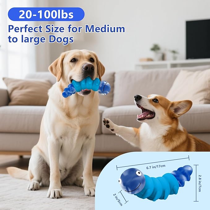 Caterpillar Dog Chew Toys for Aggressive Chewers, Tough Indestructible Squeaky Dog Toy with Beef Flavor Nylon Rubber for Large Medium Dogs to Keep Them Busy and Reduce Boredom (Blue)