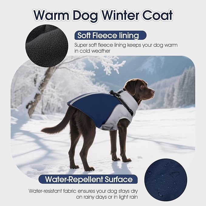 DENTRUN Dog Coat with Harness Built in, Easy On/Off Zipper Closure Winter Dog Vest, Water-Repellent Fleece Lined Warm Jacket with Reflective for Small Dogs, Dark Blue, XS