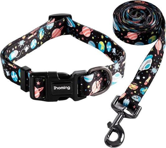 Ihoming Dog Collar and Leash Set for Daily Outdoor Walking Running Training, Space Design for Large Boys Girls Dogs Cats Pets, L-Up to 80LBS