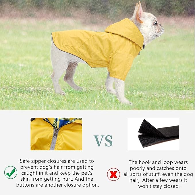 Dog Raincoat Dogs Waterproof Reversible rain Jacket Dog Small Medium Breeds Reflective Zipper Storage Pocket Harness Hole - Yellow - M