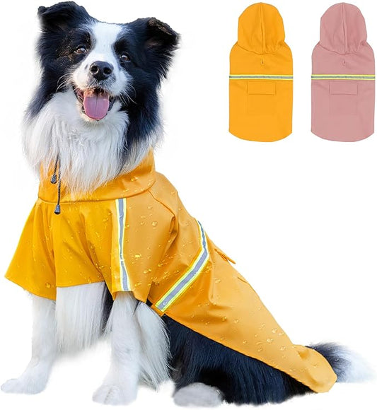Dog Raincoat, Waterproof Windproof Dog Rain Jacket Adjustable, Rain Coat with Leash Hole, Reflective Strap Raincoat Poncho for Small Medium Large Dogs Outdoor (Reflection-Yellow, Small)