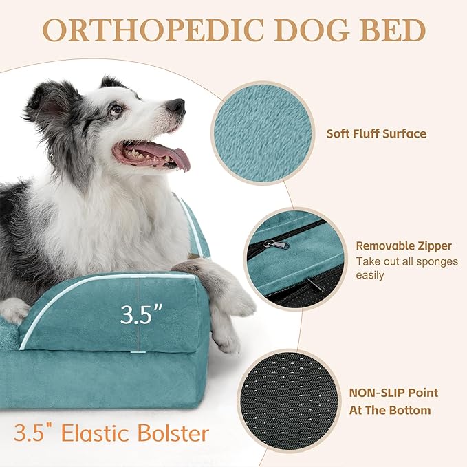 Comfort Expression Orthopedic Dog Bed for Small Dogs 24x16 Inch, Waterproof Supportive Egg Crate Foam Small Pet Bed with Removable Bolster, Dog Couch with Washable Cover & Non-Slip Bottom, Washed Blue