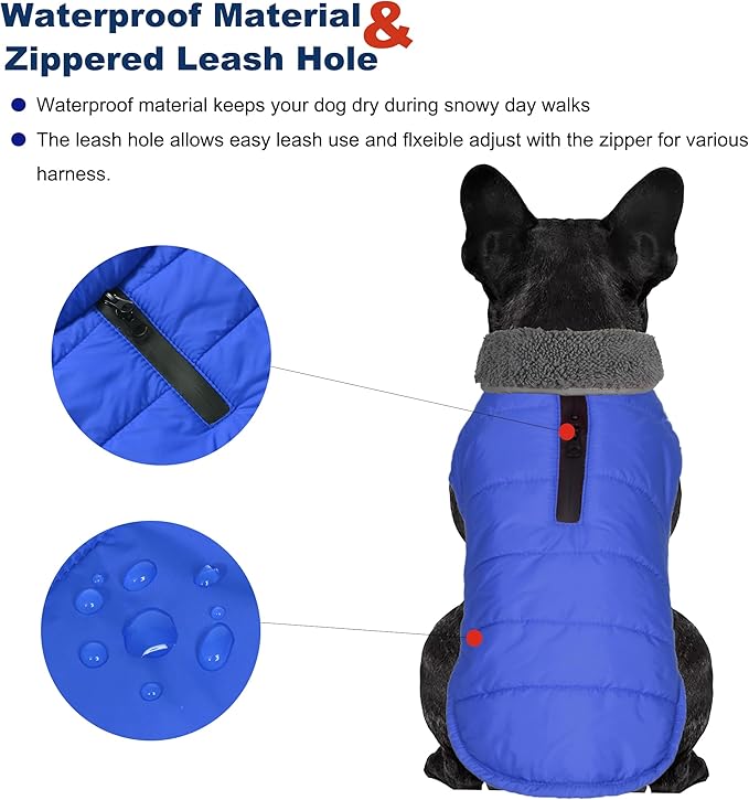 Dog Winter Coat, Waterproof Dog Jacket with Leash Hole, Reflective Adjustable Pet Snow Vest, Warm Fleece Sweater for Small Medium Large Dogs - Blue, M