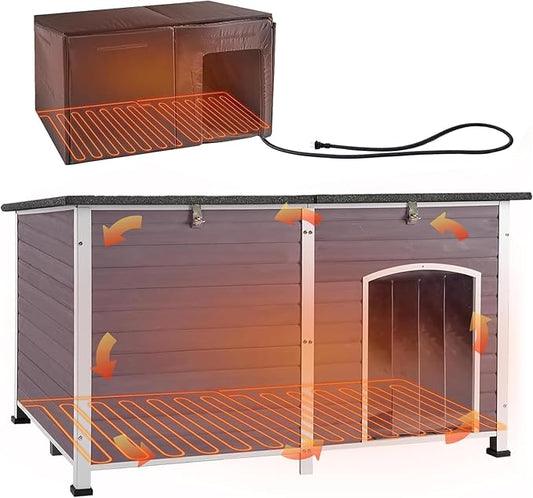 Aivituvin Heated Dog House Outdoor 59" Extra Large Insulated Dog Kennel with Heater for Winter,Waterproof Dog Cage for Large & Medium,Small Dogs,All-Around Iron Frame