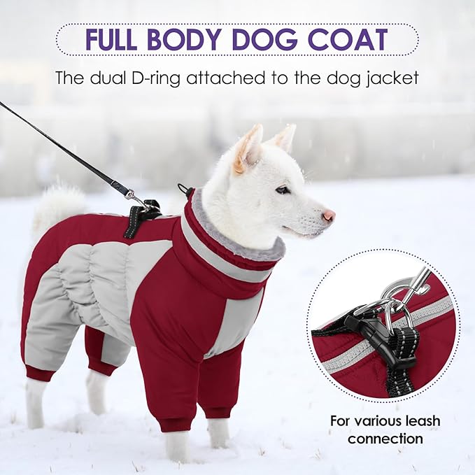 SUNFURA Full Body Dog Coat - Warm Fleece Jacket for Large Dogs, Turtleneck Winter Coats with Harness, Reflective Windproof Dog Snowsuit with Legs for Labrador,Golden Retriever, Burgundy 2XL
