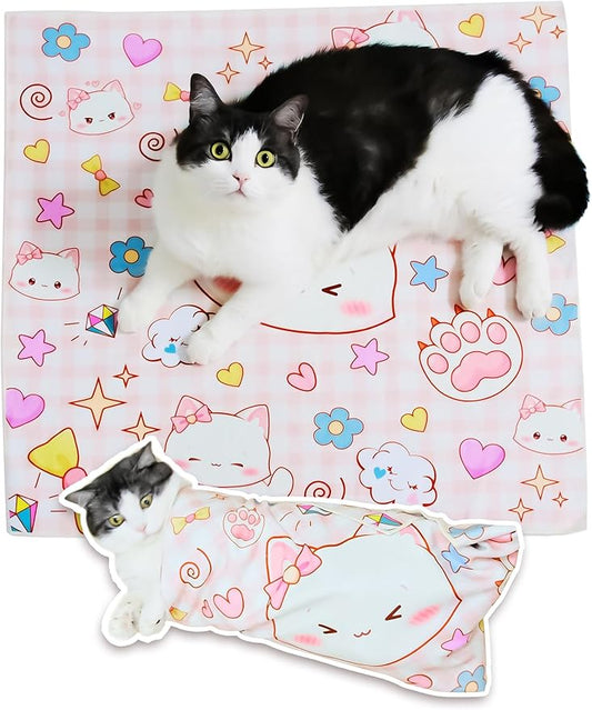 Cat Grooming Wrap for Cutting Nails, 31.5" Anti-Escape Calming Cat Swaddle Wrap for Medicine, Nail Clipping, Teeth Brushing, Ear Cleaning, Self-Adherent Burrito Restraint, (Happy Kitty, XL)