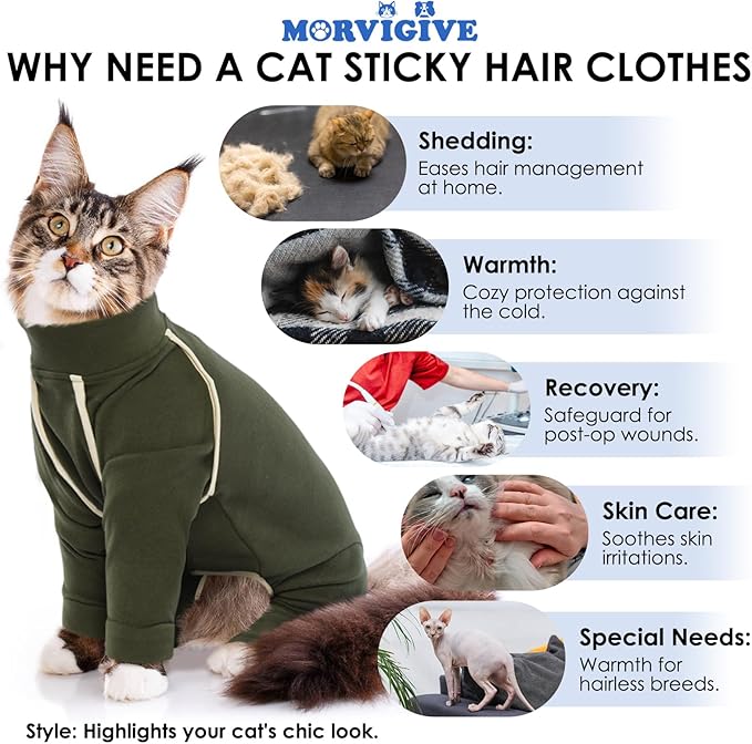 Cat Onesie with Legs - Army Green, XS - Cat Hair Sticky Onesie, Sphynx Cat Clothes, Cat Pajamas for Cats, Recovery Suit for Female Cats, Prevents Hair Loss Kitten Pajamas Costumes Outfits