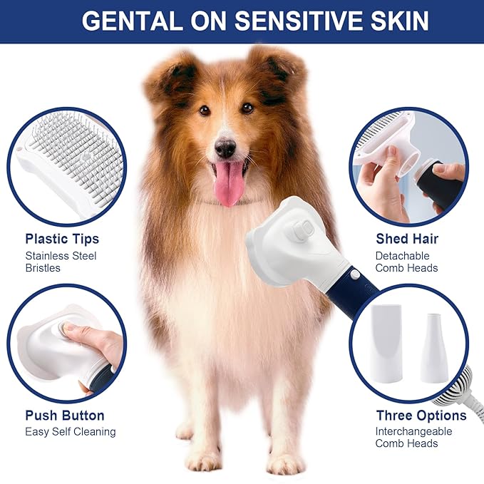 3-in-1 Pet Hair Dryer & Slicker Brush for Dogs & Cats – Portable, Quiet, Adjustable Temp, Overheat Protection Dog Hair Dryer