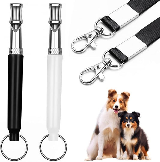 Dog Whistle, ﻿2 Pack Adjustable Frequency Silent Training Ultrasonic Dog Whistle to Stop Barking and Recall Training with Lanyard (Black and White)