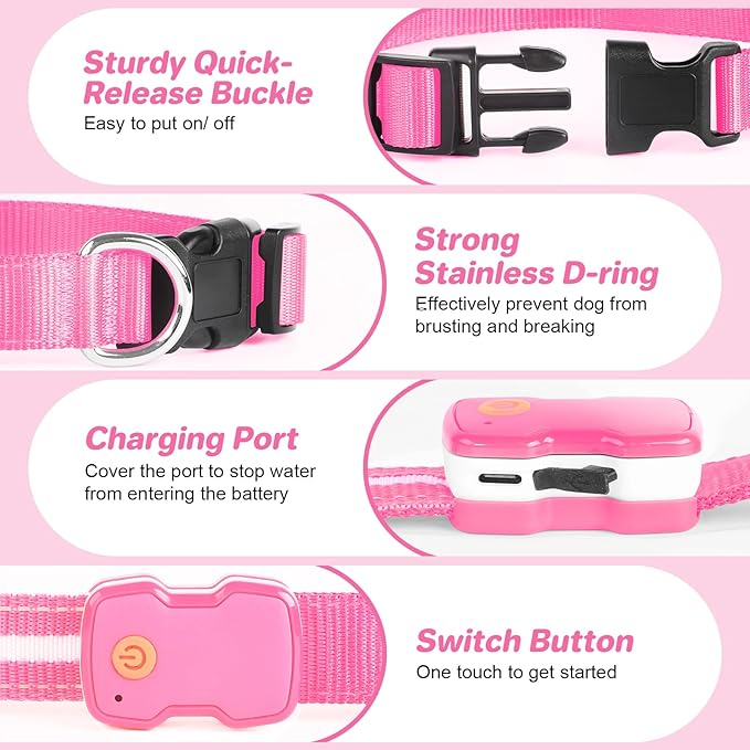 PcEoTllar Light Up Dog Collars, Led Dog Collar, Rechargeable, Night Walking, Waterproof, Glow in The Dark Dog Collars Light for Large Small Medium Dogs, Pink l