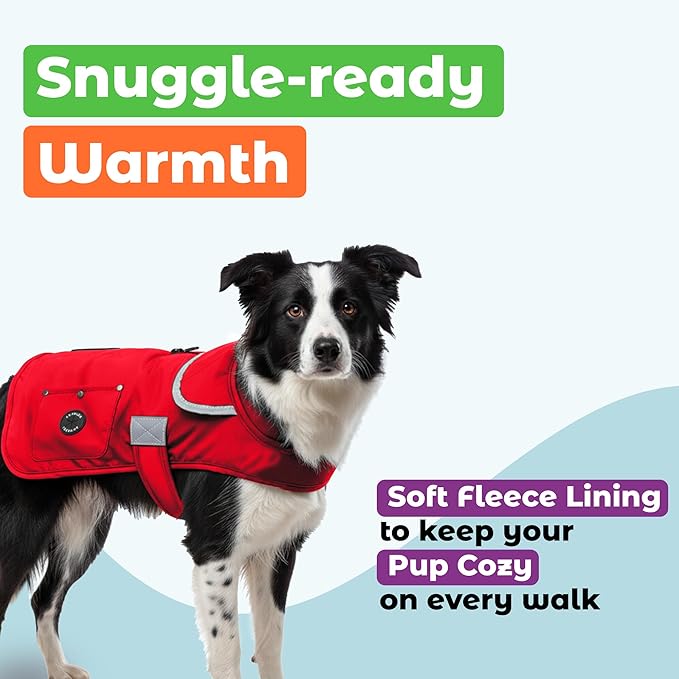 Joyride Harness FrostFlex Dog Winter Jacket - Fleece Lined & Water-Resistant - Snowsuit with Pockets for Treats & Poop Bags - Durable Cold Weather Dog Coat - Red Rush-M