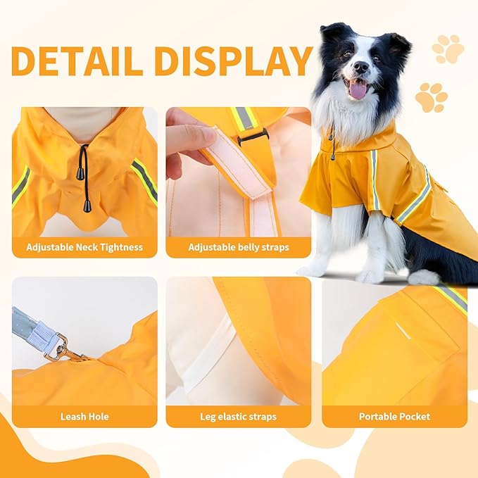 Dog Raincoat, Waterproof Windproof Dog Rain Jacket Adjustable, Rain Coat with Leash Hole, Reflective Strap Raincoat Poncho for Small Medium Large Dogs Outdoor (Reflection-Yellow, X-Large)