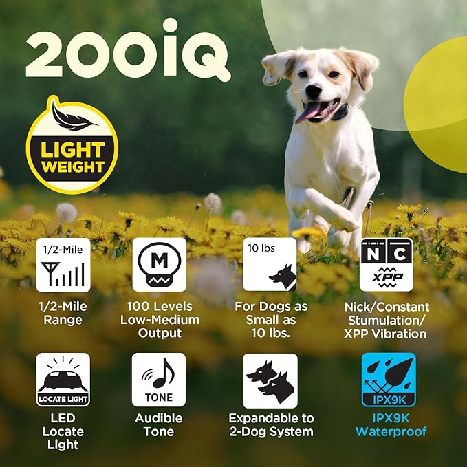 Dogtra 200iQ Remote Training E Collar – 100 Levels, Tone, Vibration, 1/2 Mile Range – Compact, Waterproof, One-Handed Control for Dogs 10 lbs+ – Lightweight Design for Daily Training – Modern Dots