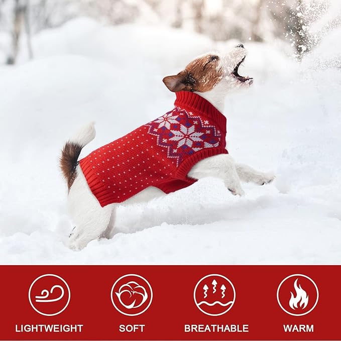Kuoser Dog Sweater, Holiday Christmas Snowflake Pet Warm Knitwear Dog Sweaters Soft Puppy Clothing, Doggie Turtleneck Cold Weather Outfit Pullover for Small Medium Large Dogs Cats, Red L