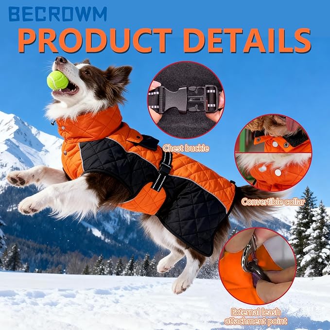 Dog Coat Dogs Winter Coat- Fleece Lined,Water-Resistant,Convertible Collar,Back Reflective Strip&Easy to Wear for Outdoor Walking Dog-Jacket(Orange, XX-Large)