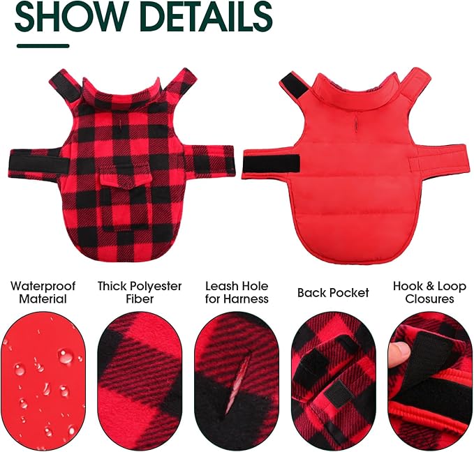 Kuoser Dog Winter Coat, Windproof Dog Fleece Jacket British Style Plaid Cold Weather Doggie Vest Coats, Reversible Cozy Warm Puppy Clothes Pet Apparel for Small Dogs XS