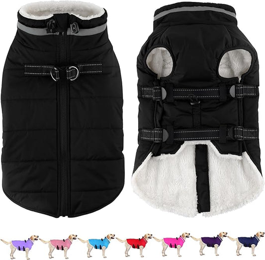 Dogcheer Dog Coat, Waterproof Dog Jacket with Harness, Reflective Adjustable Winter Coat with Zipper, Christmas Pet Snow Jacket Clothes for Small Medium Large Dogs - Black L