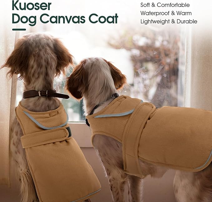 Kuoser Canvas Dog Coat, Warm Dog Jacket Reflective Fleece Pet Cold Weather Coat, Warm Doggie Clothes Waterproof Winter Vest with Zipper Leash Hole for Small Medium Large Dogs, Brown 3XL