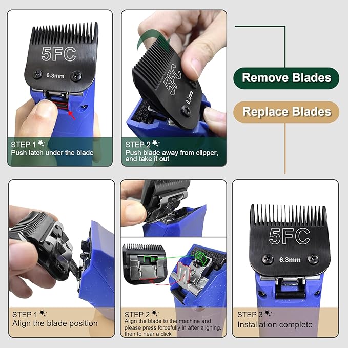 Black Detachable Pet Dog Grooming Clipper Stainless Steel Blades Set,Compatible with Andis,Oster A5,Wahl KM10 Series Clippers,4 Pack (7FC+5FC+4FC+3FC)
