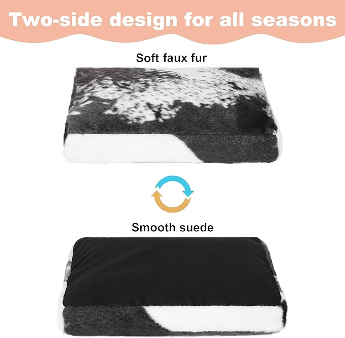 Bedfolks Waterproof Kennel Pad,Plush Dog Crate Bed with Removable, Washable Faux Fur Cover for Extra Large Dogs, Fluffy - 41"x27", Black-White Cowhide