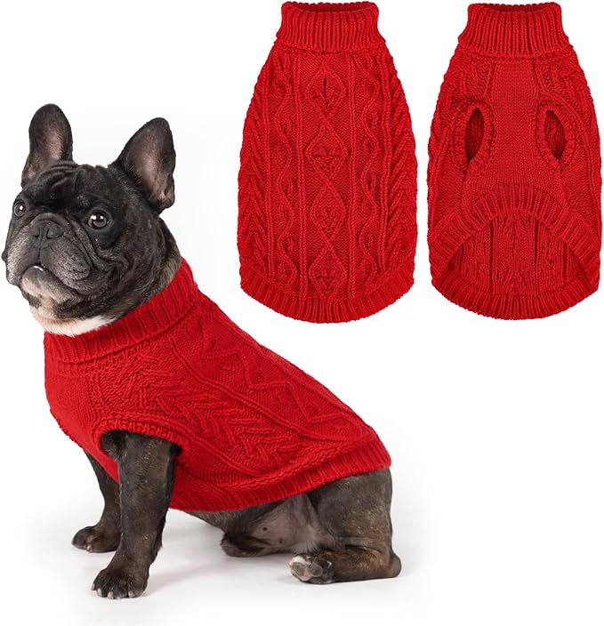 PUPTECK Dog Sweater, Turtleneck Warm Knitted Pullover Coat, Thick Cable Knitwear Clothes in Winter, Pet Apparel Outfits for Small Medium Dogs, for Cold Weather Indoor & Outdoor, Red M