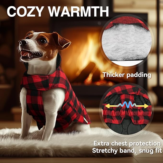 VIVAGLORY Softjoy Dog Coat, Dog Jacket for Winter & Christmas, Coat with Harness Hole & Velcro Closure, Reversible Plaid Checkered Warm Fluffy Heavy Duty for Puppy, M, Red Black