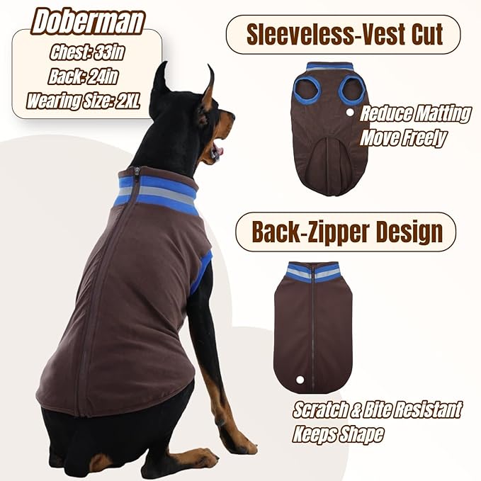 Winter Warm Turtleneck Fleece Vest Dog Sweater, Soft & Snug-Fit Puppy Coat for Medium Dogs with Back-Zipper, Thermal Doggie Vests Sweatshirt, Lightweight Pet Clothes for French Bulldog Girl (Brown, M)