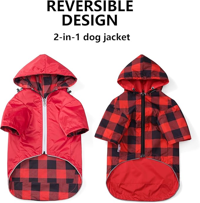 Dog Raincoat Dogs Waterproof Reversible rain Jacket Dog Small Medium Breeds Reflective Zipper Storage Pocket Harness Hole - Red - XL