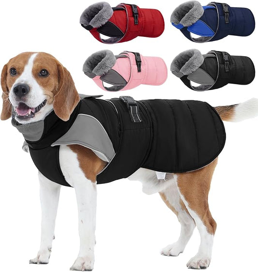 Nanaki Warm Fleece Lined Winter Coat Jacket Vest For Dogs, Waterproof Reflective Dog Snowsuit With Leash Hole, Furry Collar Medium Puppy Coat for Outdoor Walking Hunting, Easy On Pet Snowsuit Black XL